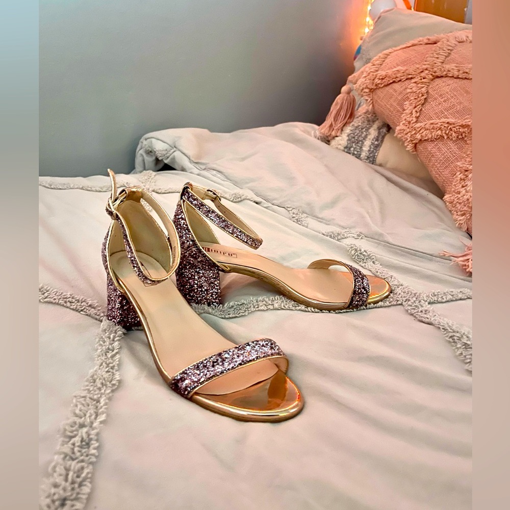 Rose Gold/Light Purple Glitter Low Block Heels